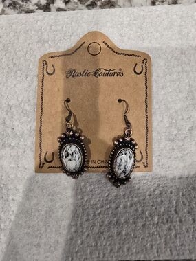 Rustic Couture White Marble Oval Dangle Earrings with Antique Copper Finish